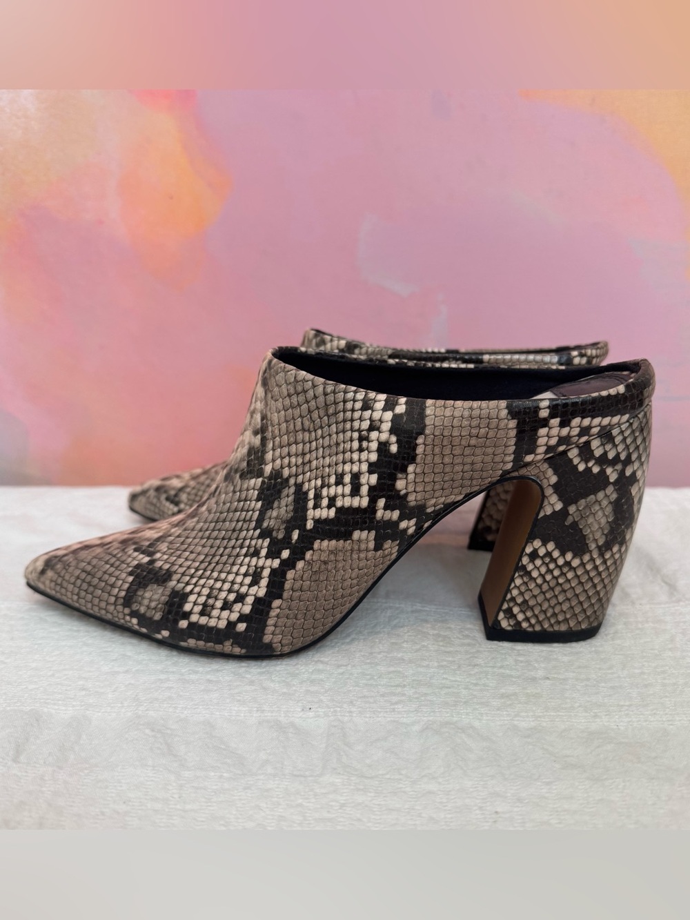 Steve Madden Taupe and Black Snake-Print Block Heel Mules